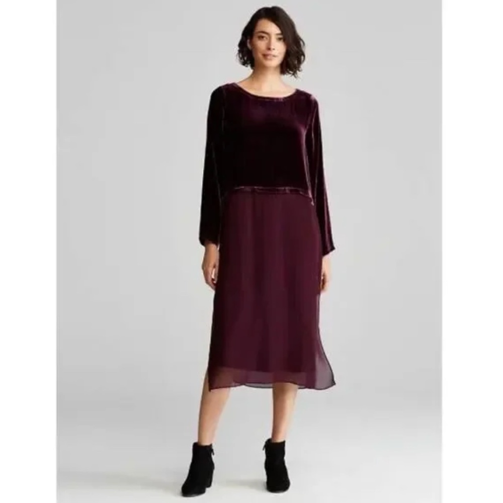 Eileen Fisher Ballet Neck Duster Shift Dress Velvet Silk Duster - No slip